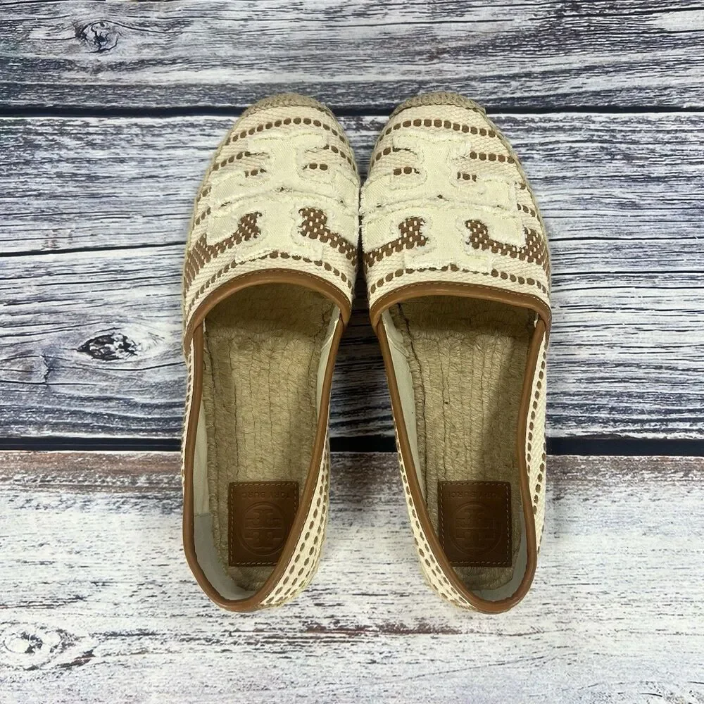 NEW Tory Burch Shaw Espadrille White Tan Logo Canvas Flats Women’s Size 10